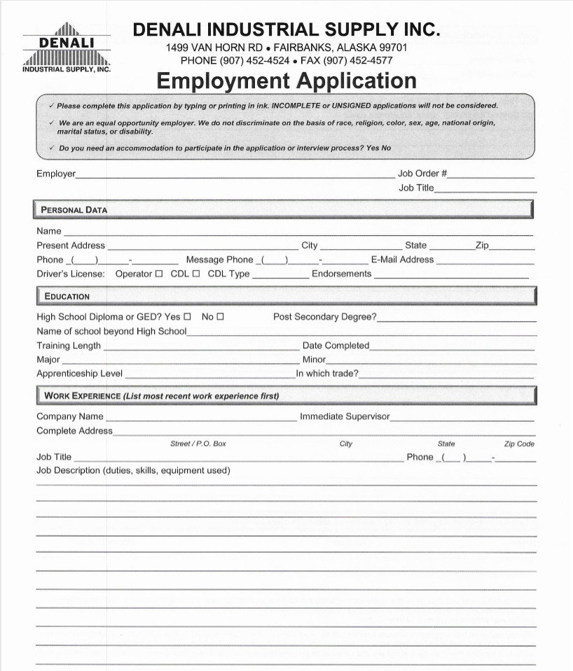 Denali employment application