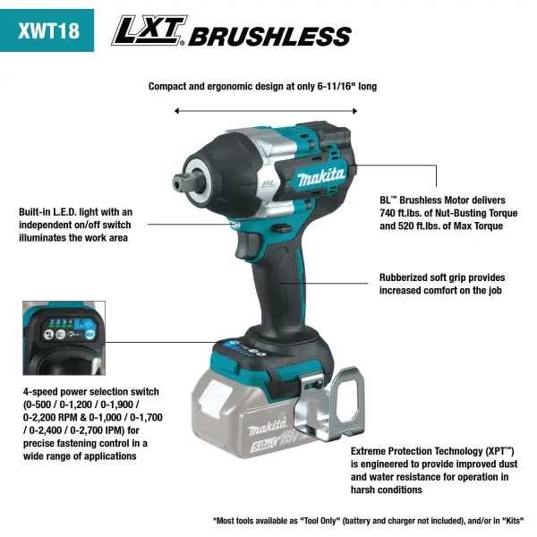 Calamity Allerede Glamour MAKITA 18V LXT CORDLESS BRUSHLESS 4-SPEED MID TORQUE 1/2" IMPACT WRENCH  W/DETENT