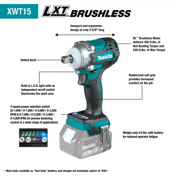 pulver rigdom Kirkestol MAKITA 18V LXT LI-ION 4-SPEED 1/2" IMPACT WRENCH TOOL ONLY (REPLACES  XWT02Z, X